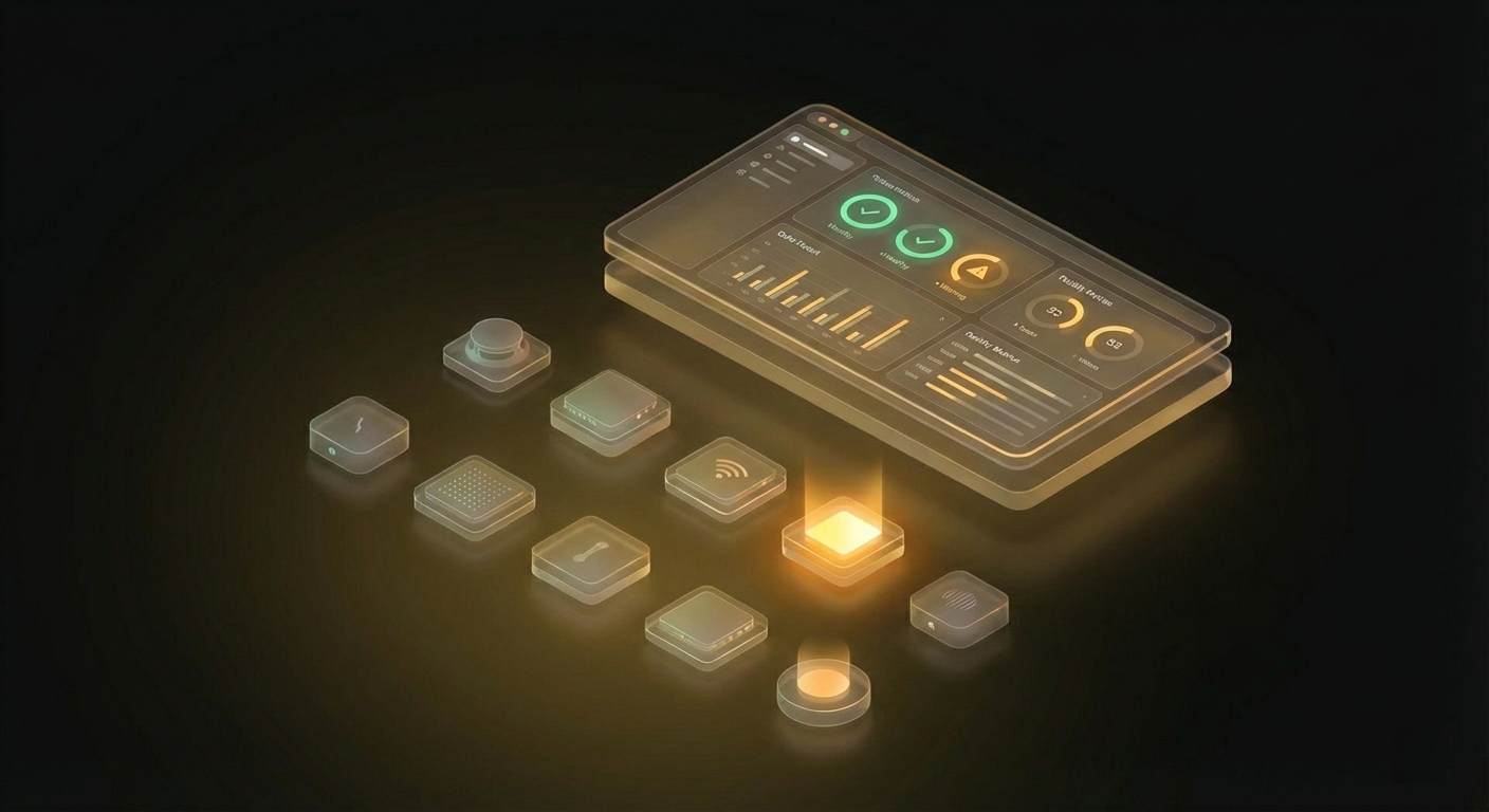 Device health dashboard displaying battery levels, signal strength, and maintenance alerts for facility devices
